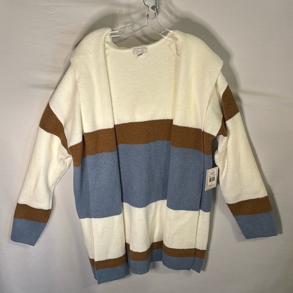 Olivia Sky Striped Cardigan Sweater with Hood and Open front Large NWT - Picture 1 of 6